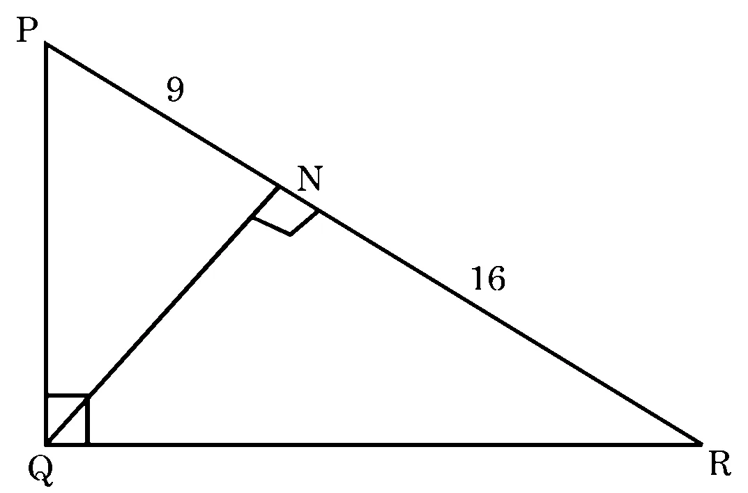 Figure: right-angled \(\Delta PQR\) with the right angle at Q; N lies on hypotenuse PR and seg QN is drawn perpendicular to PR, with PN = 9 and NR = 16.