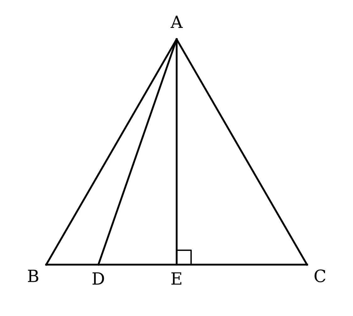 Figure: equilateral triangle ABC with D on side BC, closer to B; seg AD is drawn, and AE is drawn perpendicular to BC with E the midpoint of BC.