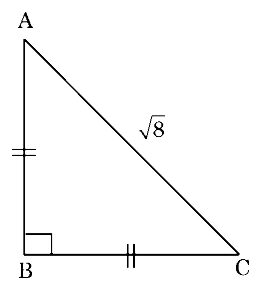 Figure: Δ ABC with ∠B = 90º; the sides AB and BC carry identical tick marks showing AB = BC, and the hypotenuse AC = \(\sqrt{8}\).