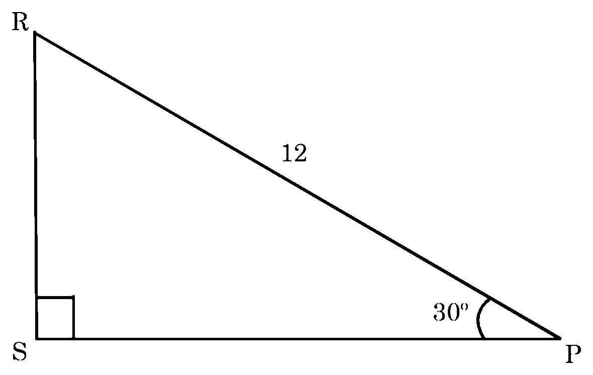 Figure: Δ PSR with ∠S = 90º, ∠P = 30º and hypotenuse RP = 12.