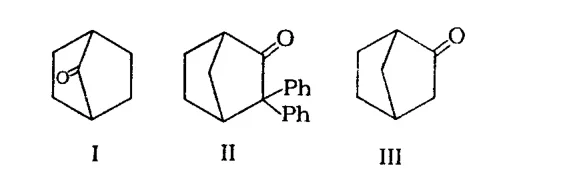 three bicyclic ketone structures I, II, III