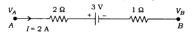 circuit A-2 ohm-3V cell-1 ohm-B with I=2 A