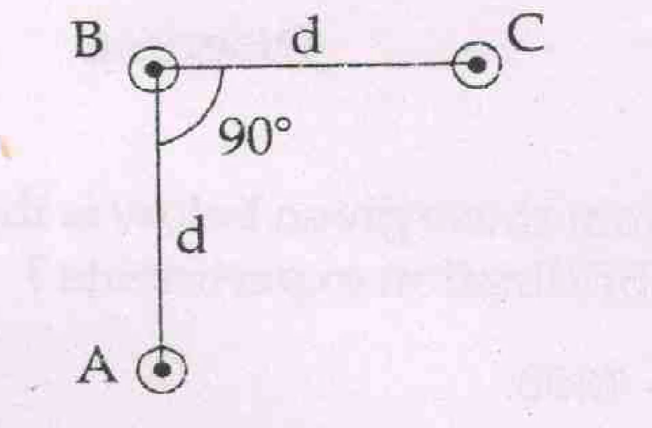 three wires A, B, C with B at the corner, distances d, 90 degrees