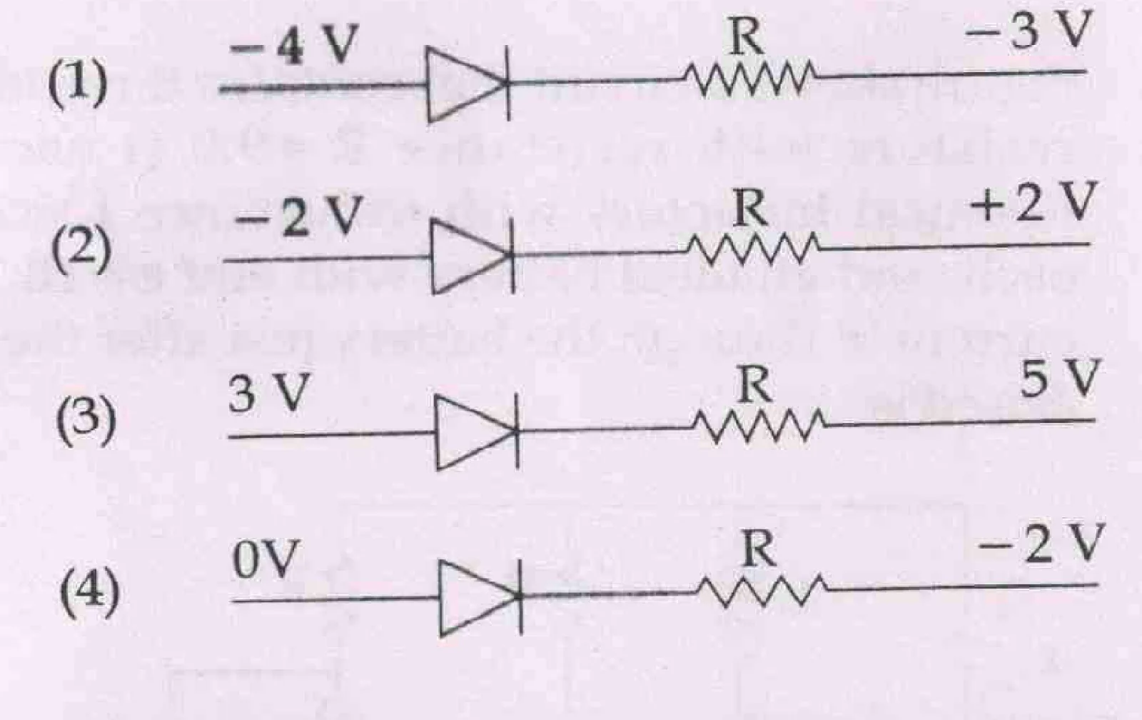 four diode-resistor circuits with voltages; options are pictures