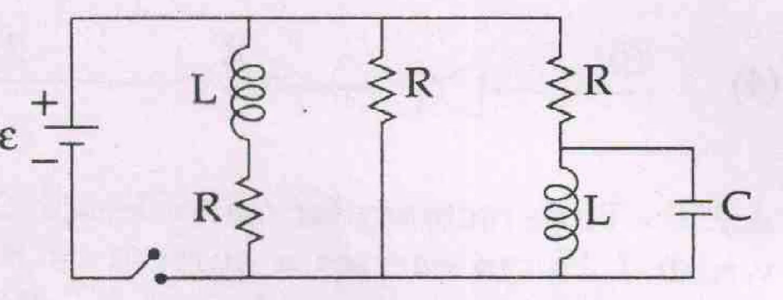 circuit with battery, switch, inductors L, resistors R and a capacitor C