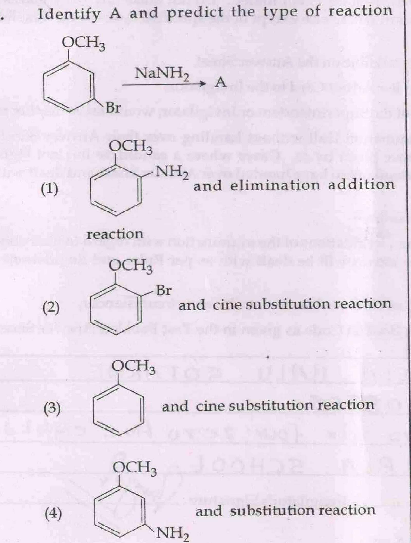 reactant structure and four structure options with reaction types