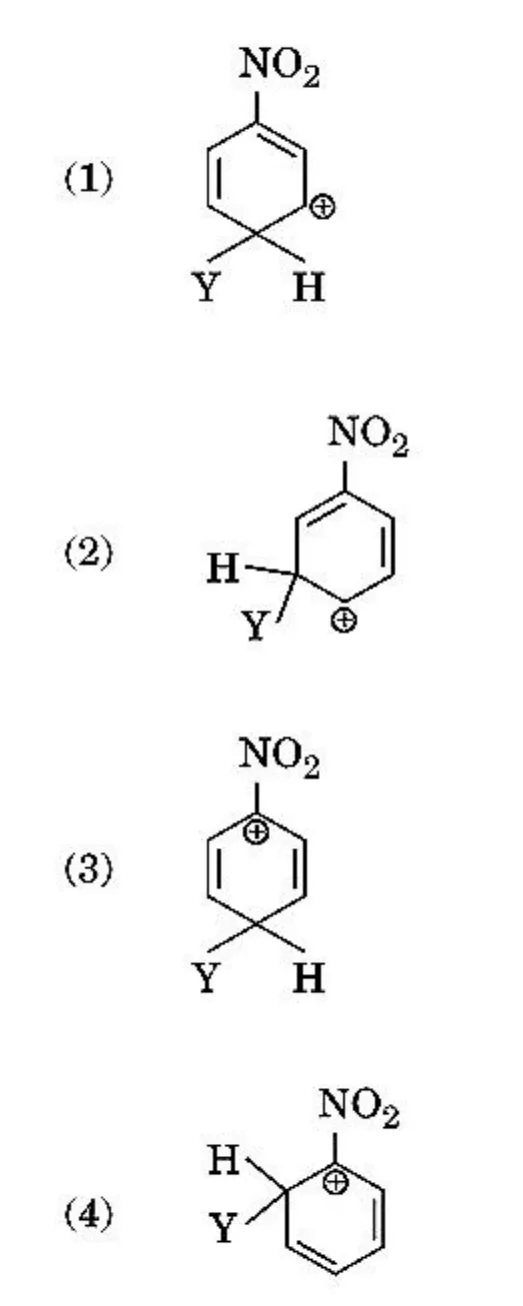 four cyclohexadienyl carbocation structures with NO2, Y, H