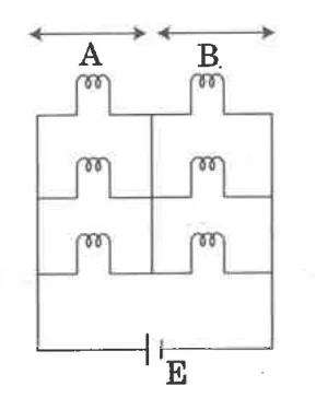 circuit of six bulbs in sections A and B with battery E