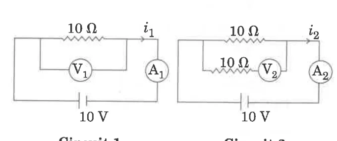 Circuit 1 and Circuit 2: 10 ohm resistor, voltmeter, ammeter and 10 V battery