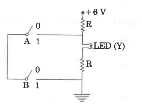 switch circuit with +6V, two resistors R, LED(Y), switches A and B