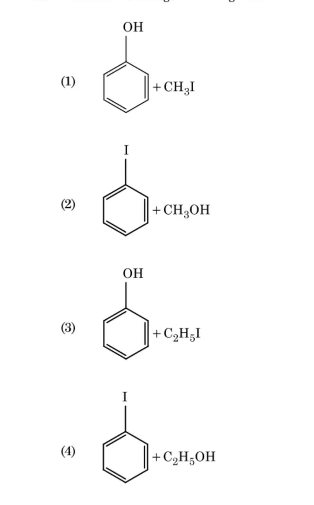 four product pairs drawn as benzene-ring structures (OH or I) plus CH3I/CH3OH/C2H5I/C2H5OH