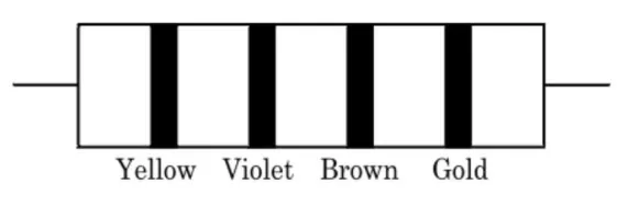 resistor with colour bands Yellow, Violet, Brown, Gold