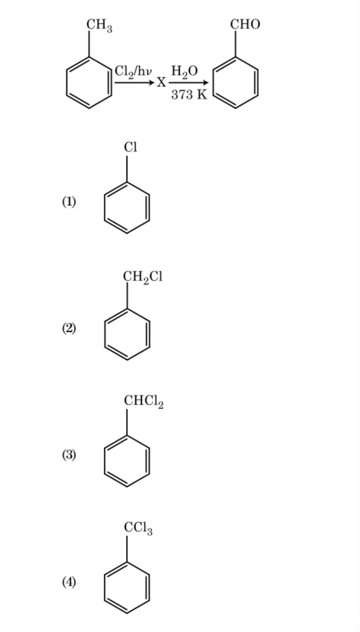 reaction scheme and four structure options (benzene ring with Cl, CH2Cl, CHCl2, CCl3)