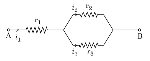 r1 in series with parallel r2 and r3, currents i1, i2, i3