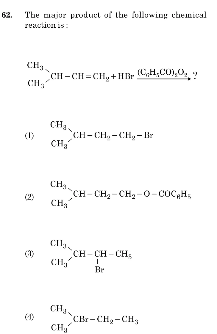 reaction of 3-methylbut-1-ene with HBr/peroxide and four structure options