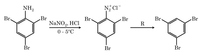reaction scheme: tribromoaniline to diazonium salt to tribromobenzene with reagent R