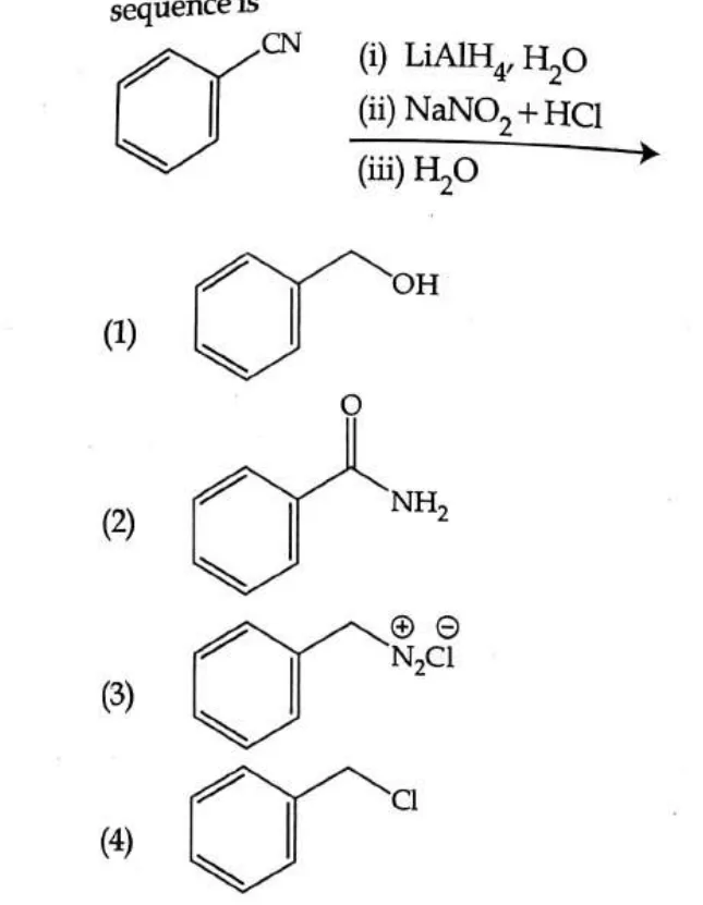 benzonitrile with reagents arrow and four product structures: benzyl alcohol, benzamide, benzyl diazonium chloride, benzyl chloride
