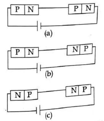 three circuits (a),(b),(c) with two p-n junctions and a battery