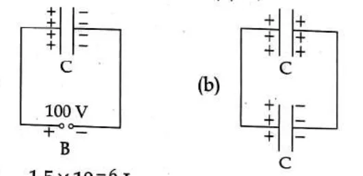 figures (a) capacitor with 100 V battery B, (b) two capacitors connected