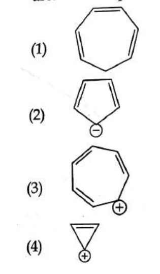 four ring structures: cycloheptatriene-like ring (1), cyclopentadienyl anion (2), tropylium cation (3), cyclopropenyl cation (4)