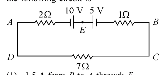 loop ABCD with 2 ohm, cells 10 V and 5 V (E between), 1 ohm, 7 ohm
