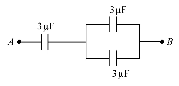 3 uF capacitor in series with parallel pair of 3 uF capacitors between A and B
