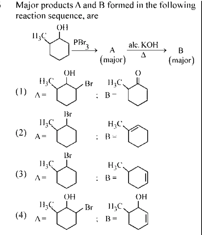 reaction scheme with PBr3 then alc. KOH and the four A/B product-pair options