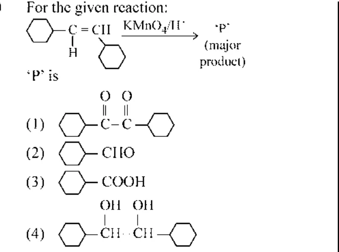 stilbene-type reaction with KMnO4/H+ and four product structures