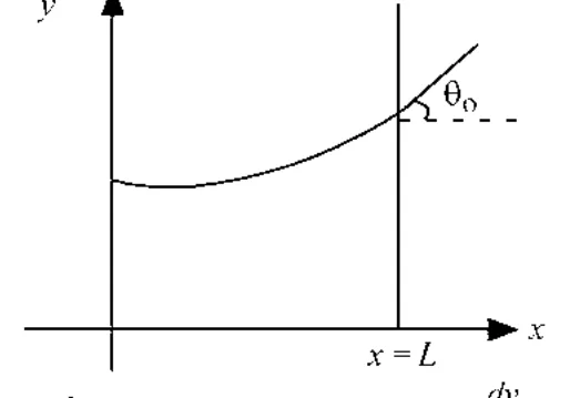 water tank wall at x=L, liquid surface curve y(x) making angle theta0 with x-axis at wall