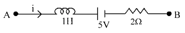 A to B: inductor 1 H, battery 5 V, resistor 2 ohm in series, current i from A