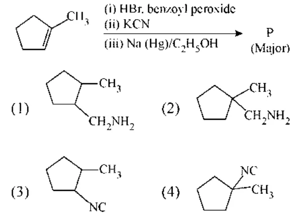 Reactant: cyclopentene ring with CH3 on a ring carbon; options are cyclopentane structures: (1) CH3 and CH2NH2 on adjacent ring carbons, (2) CH3 and CH2NH2 on the same carbon, (3) CH3 and CN on adjacent carbons, (4) CH3 and CN on same carbon
