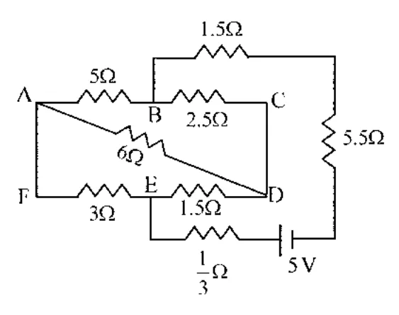 circuit with resistors 5, 1.5, 2.5, 6, 5.5, 3, 1.5 ohm and battery 5V with internal 1/3 ohm; nodes A-F