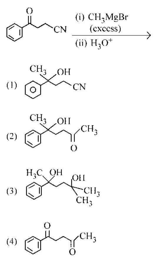 Reactant PhCOCH2CH2CN with reagents, and four product structures: (1) Ph-C(CH3)(OH)-CH2CH2-CN; (2) Ph-C(CH3)(OH)-CH2CH2-C(=O)CH3; (3) Ph-C(CH3)(OH)-CH2CH2-C(CH3)2OH; (4) PhCO-CH2CH2-C(=O)CH3